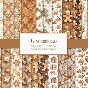May include: A collection of 26 digital seamless patterns with a gingerbread theme. The patterns feature gingerbread men, houses, snowflakes, and decorative designs in shades of brown and beige. The text "GINGERBREAD" is displayed on a white rectangle.