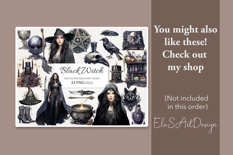 May include: A digital watercolor clipart set featuring a black witch theme. The set includes 23 PNG files with images of a witch, a cauldron, a raven, a skull, a pentagram, and other magical elements.