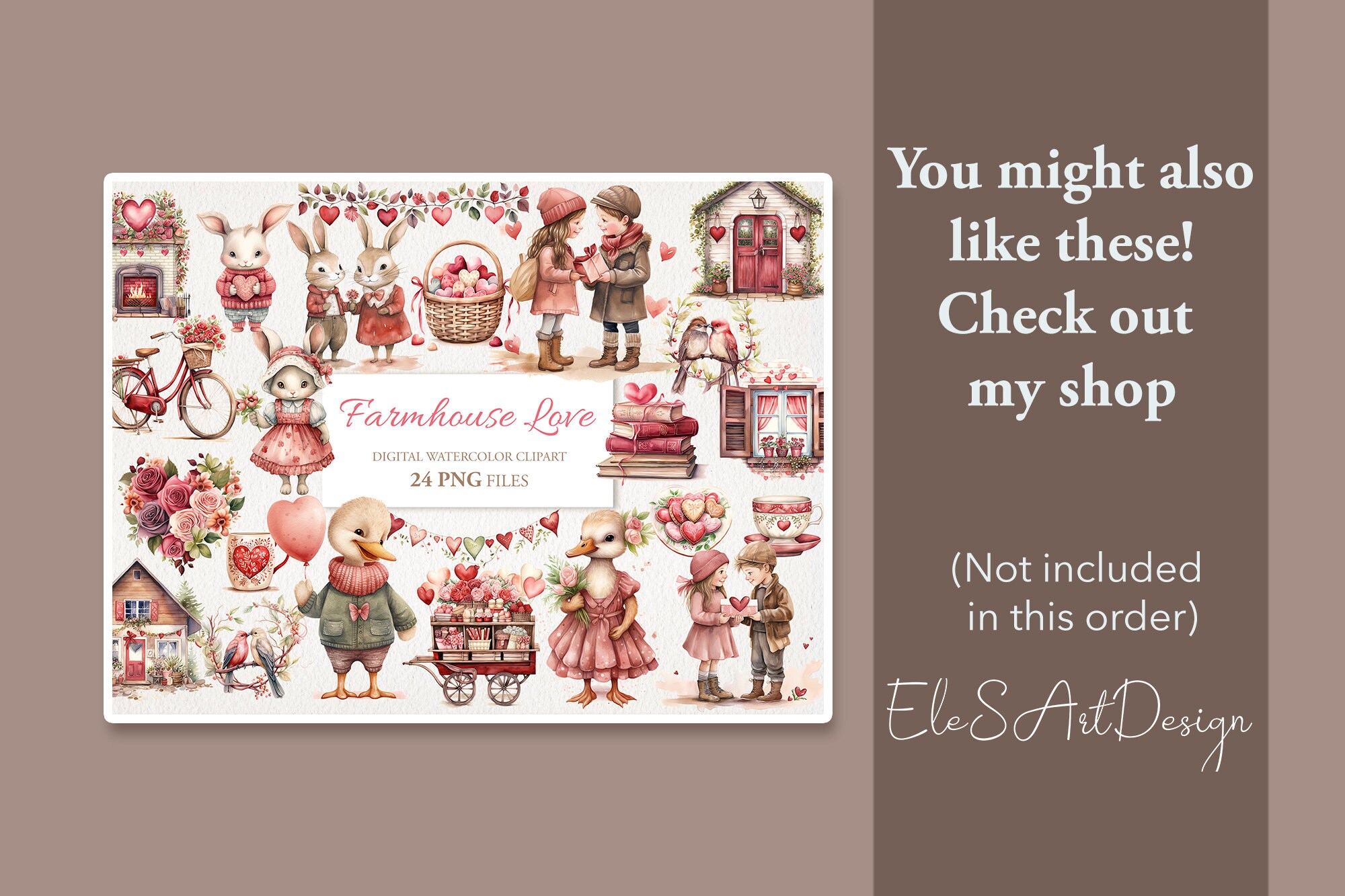 Cute Valentine Watercolor Clipart PNG Bundle. Love Animals. AI ...