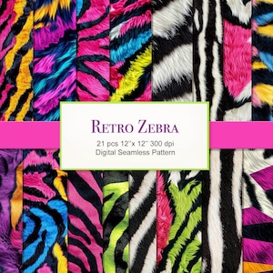 May include: A set of 21 digital seamless patterns featuring retro zebra stripes in various bright colours, including pink, blue, yellow, and green. The patterns are 12 inches by 12 inches and 300 dpi.