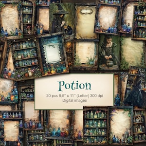 Mystic Potion Magic Digital Pages For Junk Journal. Potions Bottles, Herbs, Apothecary Journaling Pages.  20 PACK