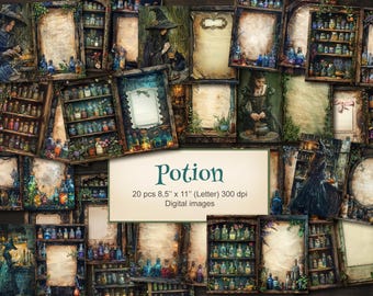 Mystic Potion Magic Digital Pages For Junk Journal. Potions Bottles, Herbs, Apothecary Journaling Pages.  20 PACK