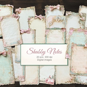 20 shabby-notities in png-stijl. Vintage Victoriaanse lege blanco pagina's met tags voor ongewenste tijdschriften. Digitale download.