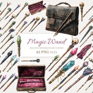 Ensemble de cliparts aquarelle Dark Academia School Wands magiques. Livre des ombres. Journal de scrapbooking. 62 PNG