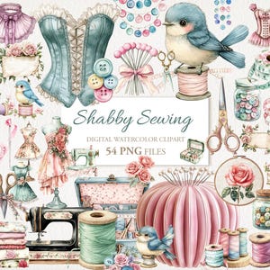 Zestaw clipartów akwarelowych w stylu shabby chic. Ilustracja AI. Użytek komercyjny. Karty pamiątkowe do scrapbookingu, dziennika śmieci. 54 PNG