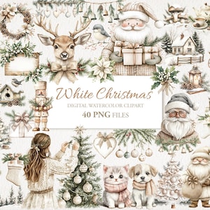 Pacote de clipart de aquarela de inverno de Natal branco rústico. Ilustração de IA. Download digital. Uso comercial. Diário de lixo. 40 PNG
