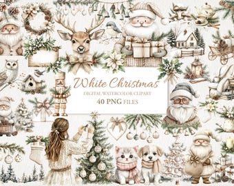 Lot de cliparts aquarelle hiver Noël blanc rustique. Illustration de l'IA. Téléchargement numérique. Utilisation commerciale. Journal indésirable. 40 PNG