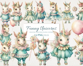 Cute Unicorns Cartoons Caracters Watercolor Clipart PNG Bundle Children Nursery Art. AI Illustration. Instant Download for Commercial Use.