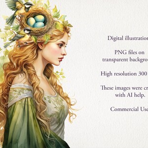 May include: Watercolor illustration of a woman with long blonde hair, wearing a green dress. A bird's nest with blue eggs and birds adorns her head. The image includes text: Digital illustrations, PNG files, High resolution 300 DPI, Commercial Use.