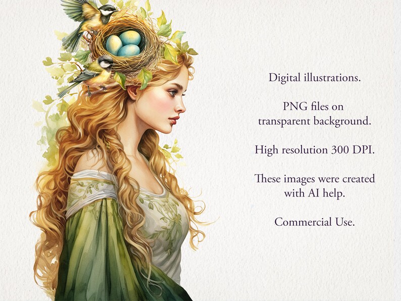 May include: Watercolor illustration of a woman with long blonde hair, wearing a green dress. A bird's nest with blue eggs and birds adorns her head. The image includes text: Digital illustrations, PNG files, High resolution 300 DPI, Commercial Use.