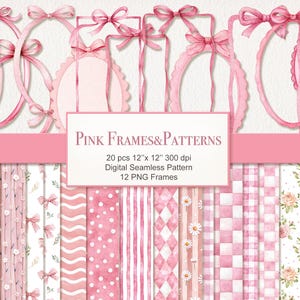 Pode incluir: Um conjunto de arte digital com molduras e padrões cor-de-rosa. A imagem inclui várias molduras ovais e com bordas adornadas com laços e fitas cor-de-rosa. Abaixo estão 12 molduras PNG e um padrão digital sem costura, com o texto "Pink Frames & Patterns".