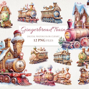 Paquete de imágenes prediseñadas PNG de acuarela de invierno de Navidad con el tren Polar Express de jengibre. Ilustración de AI. Descarga instantánea para uso comercial.