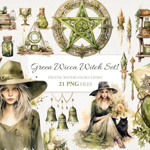 Green Wicca Witch S.1 Witchcraft Watercolor Clipart PNG Bundle AI Illustration. Instant Download for Commercial Use. Scrapbook Junk Journal