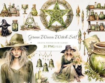 Strega Wicca Verde. Clipart di stregoneria ad acquerello. Download digitale. Uso commerciale. 21 PNG
