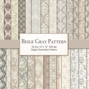Neutral Simple Beige Grey Floral Damask Seamless Pattern. Digital Craft Paper Bundle. Commercial Use. Crafting, Decoupage, Journal. 32 PACK
