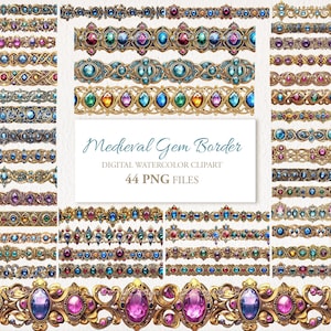 May include: A collection of ornate, medieval-style gem borders in various designs. The borders feature gold filigree and colorful gemstones in shades of blue, purple, green, and red. The image includes the text "Medieval Gem Border" and "44 PNG FILES".