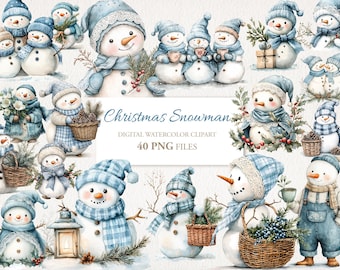 Blue Snowman. Christmas Winter Watercolor Clipart Bundle. Digital Download. Commercial Use. Junk Journal, Cards. 40 PNG