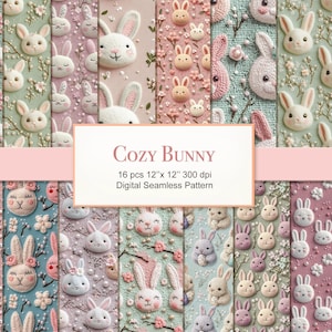 Modèle sans couture de lapin de Pâques confortable. Fausse broderie tricotée en 3D. Lot de papier numérique. Utilisation commerciale. Tissu de journal pour scrapbooking. PAQUET DE 16