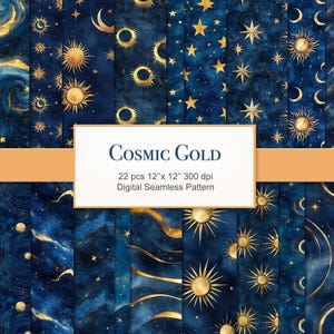 May include: A set of 22 digital seamless patterns featuring a cosmic gold theme. The patterns include stars, moons, and suns in gold on a dark blue background.
