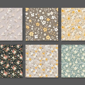 May include: Six square fabric swatches with floral patterns. The patterns feature small flowers in various colors, including white, yellow, and pink, set against backgrounds of gray, brown, black, and blue-green. The designs are delicate and detailed.