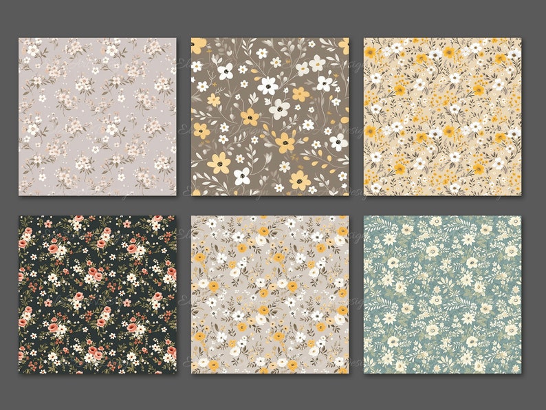 May include: Six square fabric swatches with floral patterns. The patterns feature small flowers in various colors, including white, yellow, and pink, set against backgrounds of gray, brown, black, and blue-green. The designs are delicate and detailed.