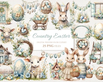 May include: A watercolor illustration of a country Easter theme with bunnies, lambs, eggs, and floral wreaths. The illustration includes 25 PNG files.
