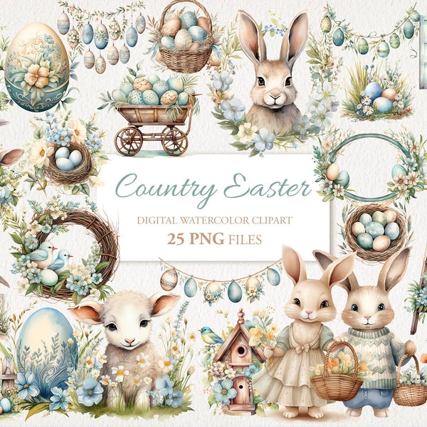 Country Farmhouse Easter Watercolor Clipart PNG Bundle. AI Illustration. Instant Download for Commercial Use. Junk Journal Card. 25 PACK