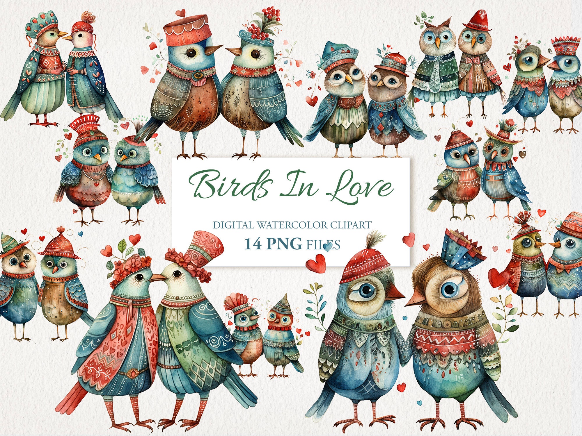 Birds in Love Valentine Cartoon Watercolor Clipart PNG Bundle. AI ...