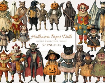 Halloween Creepy Paper Dolls Clipart. Vintage Illustrations. For Junk Journal Ephemera. Digital Download. 57 PNG