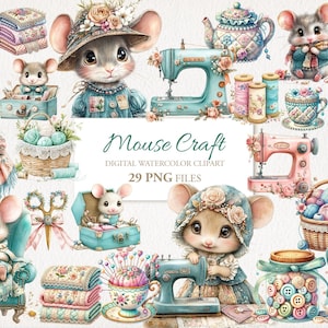 Bundle de cliparts Cottagecore cosy lunatique et aquarelle de souris artisanales. Illustration de l'IA. Utilisation commerciale. Journal de déchets de scrapbooking. 29 PNG