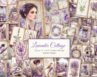 May include: A collage of digital images with a lavender theme. The images include illustrations of women, birds, teacups, lavender plants, and architectural elements. The text "Lavender Cottage" is visible.