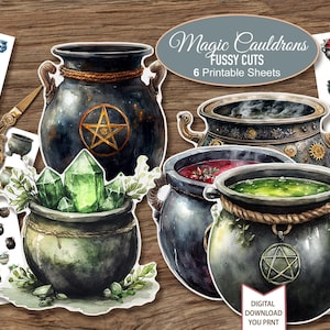 Könnte beinhalten: Aquarellillustrationen von Zauberkesseln mit verschiedenen Designs und Inhalten. Das Bild zeigt einen Kessel mit einem Pentagramm, einen mit grünen Kristallen und andere mit brodelnden Tränken. Der Text lautet "Magic Cauldrons Fussy Cuts, 6 Printable Sheets."