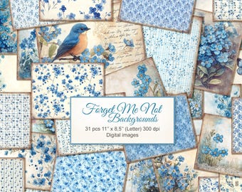 Forget Me Not Flower Junk Journal Backgrounds Pagine stampabili. Astratto, floreale. Download digitale. Illustrazione AI. 31 PACK