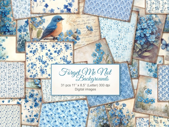 Forget Me Not Flower Junk Journal Backgrounds Printable Pages. Abstract, Floral. Digital Download. AI Illustration. 31 PACK