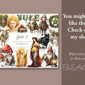Może przedstawiać: Cyfrowy zestaw clipart&oacute;w akwarelowych zatytułowany "Yule 3" zawierający 17 plik&oacute;w PNG. Ilustracje przedstawiają gnomy, kota, kozę, dziecko i kobietę, wszystkie w zimowym lub świątecznym motywie. Tekst brzmi "Yule 3" i "Digital Watercolor Clipart".