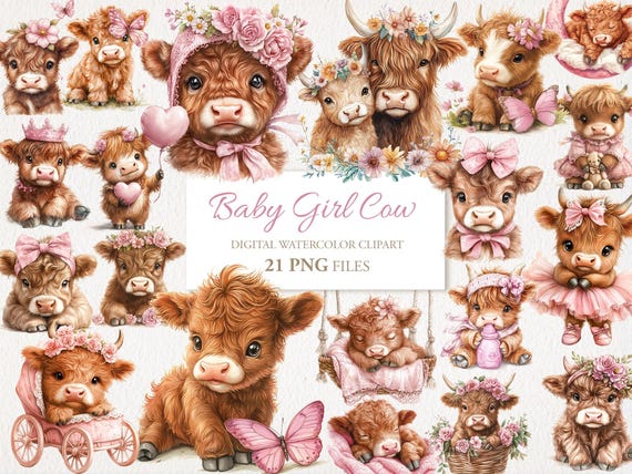 Baby Girl Highland Cow Watercolor Clipart PNG Bundle. Newborn Children Nursery Art. AI Illustration Instant Download Commercial Use. 21 PACK