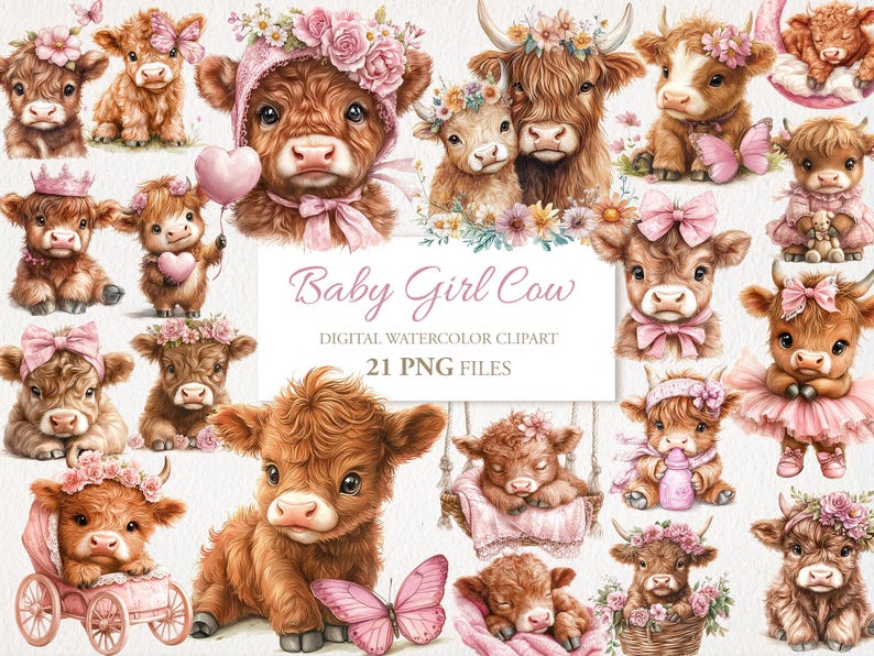 May include: A digital clipart set of 21 watercolor illustrations featuring baby girl cows in various poses. The cows are depicted with pink flowers, bows, and other cute accessories. The set includes a variety of expressions, including sleeping, sitting, and standing. The text "Baby Girl Cow" and "21 PNG Files" is included in the image.