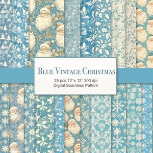 May include: A collection of blue and white Christmas-themed digital seamless patterns. The patterns include snowflakes, Santa Claus, and floral designs. The text "Blue Vintage Christmas" is displayed on the image.
