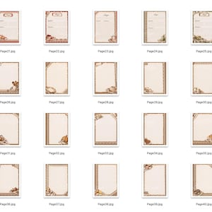 Puede incluir: Una colecci&oacute;n de veinte plantillas de tarjetas de recetas rectangulares dispuestas en una cuadr&iacute;cula. Cada tarjeta presenta un centro de color crema con bordes decorativos en tonos marr&oacute;n, rojo y bronceado, con ilustraciones de utensilios.