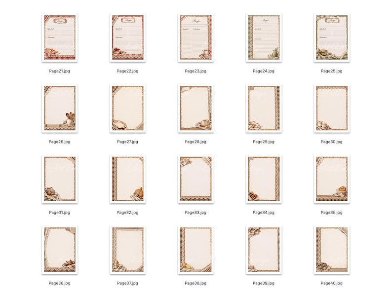 Puede incluir: Una colecci&oacute;n de veinte plantillas de tarjetas de recetas rectangulares dispuestas en una cuadr&iacute;cula. Cada tarjeta presenta un centro de color crema con bordes decorativos en tonos marr&oacute;n, rojo y bronceado, con ilustraciones de utensilios.