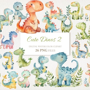 Süße Dino Dinosaurier Charakter Aquarell Clipart PNG Bundle Kinder Kinderzimmer Kunst. KI-Illustration. Sofortiger Download, kommerzielle Nutzung, 26er-Pack