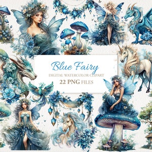 Ensemble de cliparts PNG aquarelle jardin magique féerique bleue. Illustration de l'IA. Téléchargement instantané. Utilisation commerciale. Journal de scrapbooking. PAQUET DE 22