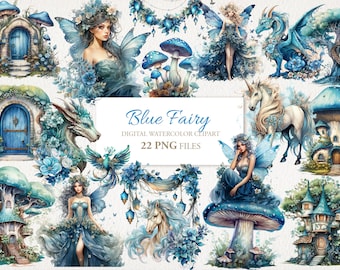 May include: A digital clipart set featuring blue fairies, dragons, unicorns, and whimsical houses. The set includes 22 PNG files and is perfect for adding a touch of magic to your digital projects.