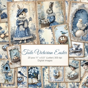 Toile Victorian Easter Junk Journal páginas dobles imprimibles. Tela de Jouy. Descarga digital. Ilustración de IA. PAQUETE DE 25