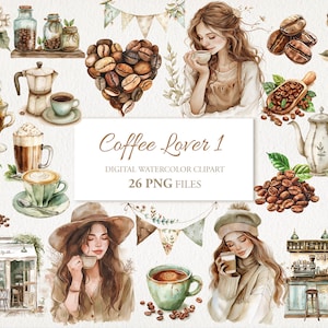 Lot de cliparts aquarelle amateur de café. Millésime rustique. Illustration de l'IA. Téléchargement instantané pour une utilisation commerciale. Carte journal indésirable. PAQUET DE 25