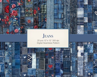 Jeans denim patchwork naadloze patroon papier pagina's. Commercieel gebruik.  VERPAKKING VAN 25
