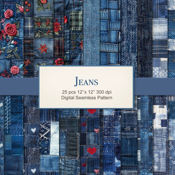 Jeans Denim Patchwork Seamless Pattern Paper Pages. Commercial Use. Crafting, Scrapbook, Fabric,  Junk Journal. 25 PACK