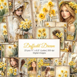 Påskliljor, Blommor, Country Cottagecore, Blommig skräpjournal, Utskrivbar, Dubbla Sidor. Digital Nedladdning. AI-illustration. 23-PACK