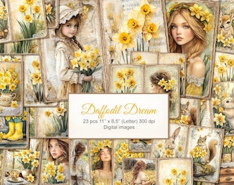 Daffodils Flower Country Cottagecore Floral Junk Journal Printable Double Pages. Digital Download. AI Illustration. 23 PACK