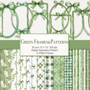 Puede incluir: Ilustración digital en acuarela con marcos y patrones verdes. La imagen incluye varias formas de marcos con lazos y una variedad de patrones sin costuras. El texto de la imagen dice "Green Frames & Patterns".